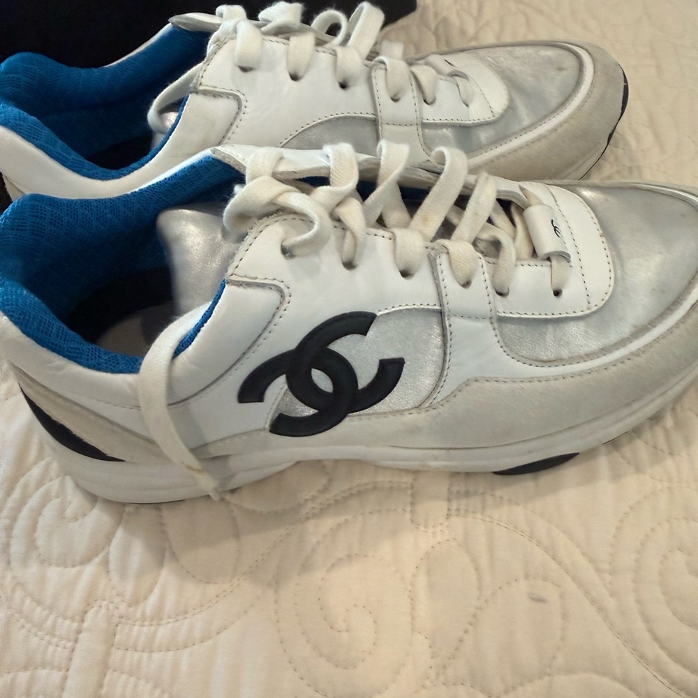 CHANEL White and Blue Sneakers